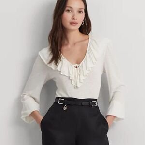 Ralph Lauren Vintage Ruffle Trim Jersey White Ivory Long Sleeve Size SM V Neck